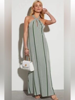 Vici Olive Green & White Patterned Halter Maxi Dress
